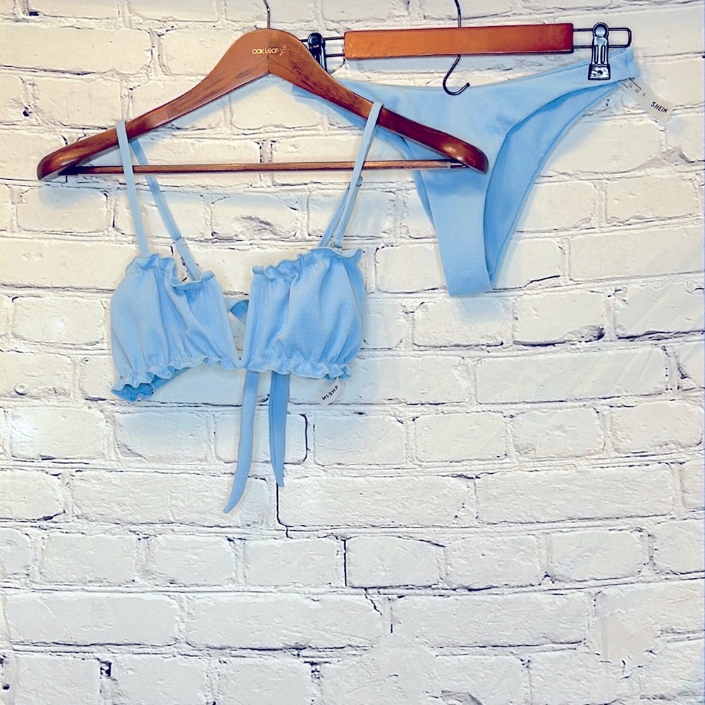 Shein Blue Peasant Ruffle Top High-Cut Bottom Bikini Swimsuit Set Size Small